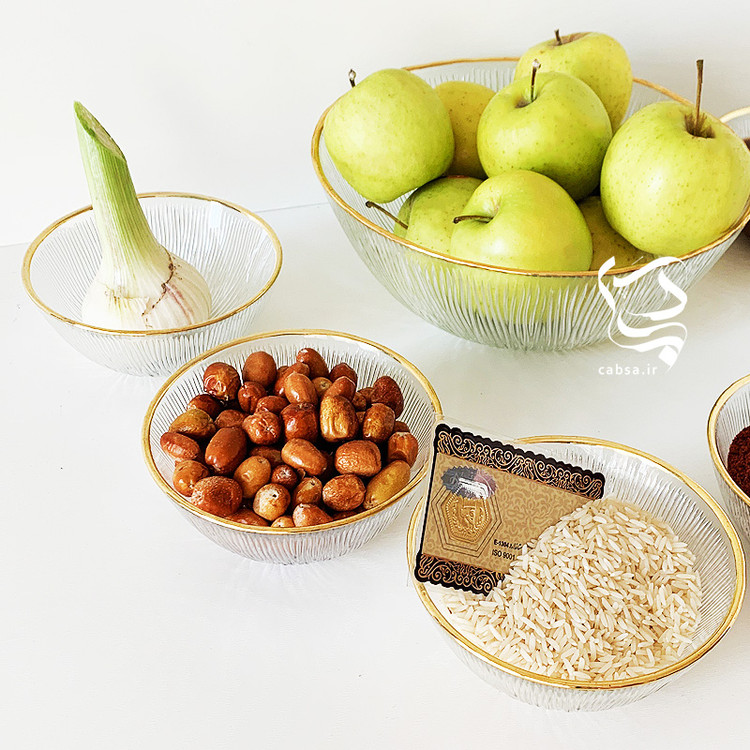 هفت سین بلور نوری تازه مدل سولو ۷ پارچه، شامل ۶ پیاله و ۱ کاسه بزرگ، با لبه طلای هلندی ۱۰٪، طراحی لوکس و شیک برای سفره هفت سین