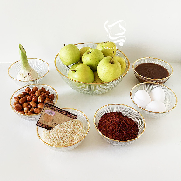 هفت سین بلور نوری تازه مدل سولو ۷ پارچه، شامل ۶ پیاله و ۱ کاسه بزرگ، با لبه طلای هلندی ۱۰٪، طراحی لوکس و شیک برای سفره هفت سین