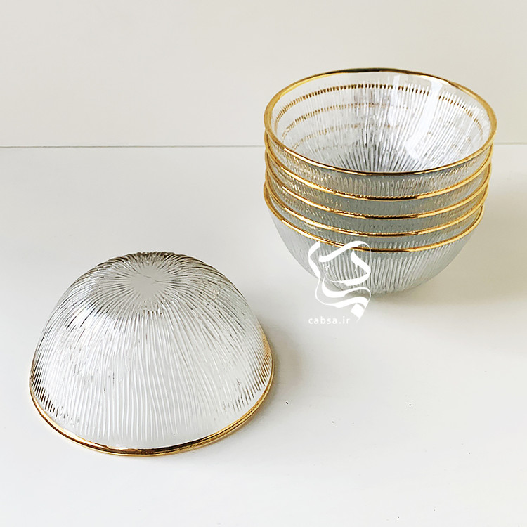 هفت سین بلور نوری تازه مدل سولو ۷ پارچه، شامل ۶ پیاله و ۱ کاسه بزرگ، با لبه طلای هلندی ۱۰٪، طراحی لوکس و شیک برای سفره هفت سین