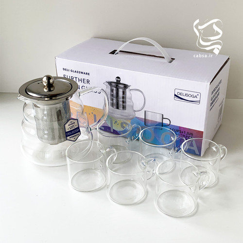 ست قوری و شات پیرکس برند دلی گلس، شامل یک قوری ۶۰۰ میلیلیتری و ۶ فنجان پیرکس مقاوم، با طراحی شیک و مناسب برای سرو چای و دمنوش.