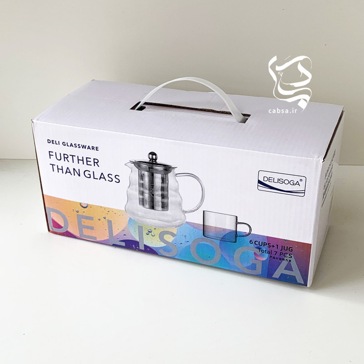 ست قوری و شات پیرکس برند دلی گلس، شامل یک قوری ۶۰۰ میلیلیتری و ۶ فنجان پیرکس مقاوم، با طراحی شیک و مناسب برای سرو چای و دمنوش.