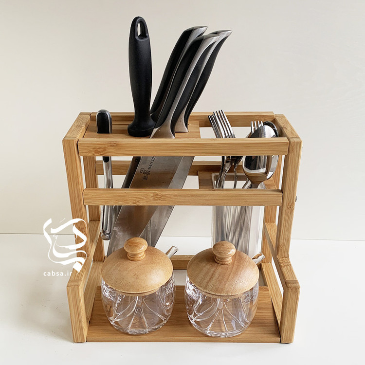 ستند آشپزخانه بامبو وارداتی، نظمدهنده چاقو و قاشق چنگال با طراحی شیک و مقاوم از جنس بامبو طبیعی.