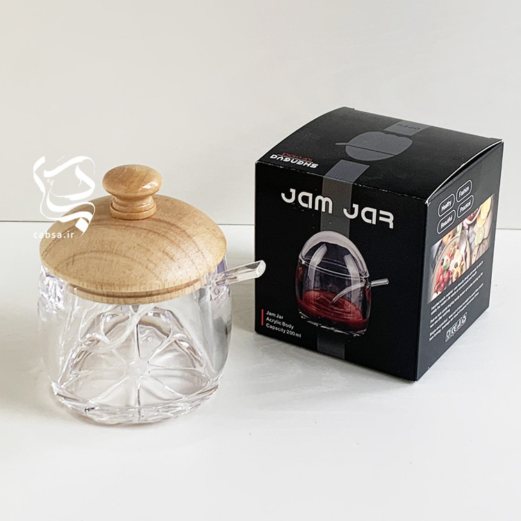 عسل و مربا خوری اکرولیک بامبو برند شنگیا با قاشق و درب بامبو، مناسب برای نگهداری عسل، شکر، مربا و ادویه.