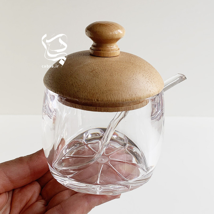 عسل و مربا خوری اکرولیک بامبو برند شنگیا با قاشق و درب بامبو، مناسب برای نگهداری عسل، شکر، مربا و ادویه.