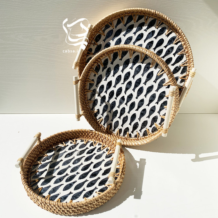 سینی حصیری راتان کوچک با دسته و کف صدفکاری English Home