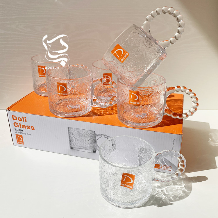 ست ۶ عددی لیوان دسته مرواریدی طرحدار بلور آنتیشوک برند دلیگلس