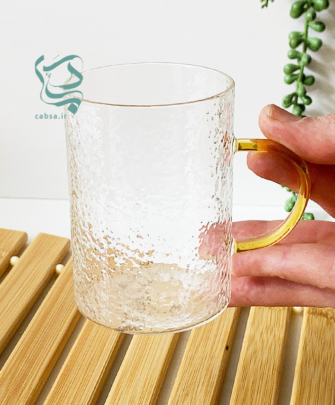 لیوان پیرکس یخی دسته طلایی ماگ پیرکس شفاف مناسب نوشیدنیهای گرم و سرد