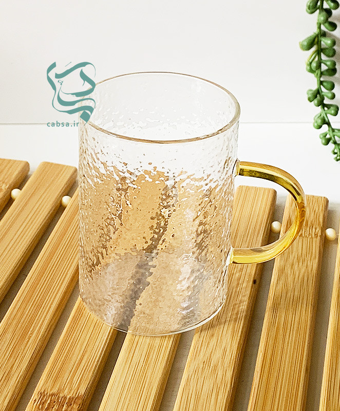 لیوان پیرکس یخی دسته طلایی ماگ پیرکس شفاف مناسب نوشیدنیهای گرم و سرد