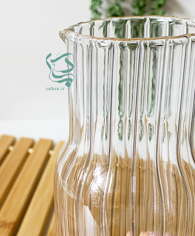 پارچ شب پیرکس طرح شیاردار وارداتی با لیوان – پارچ پیرکس شفاف مقاوم مناسب سرو نوشیدنی