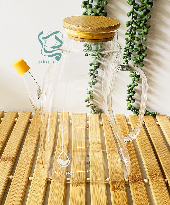روغنریز پیرکس 1000 میل طرح کتابی با درب بامبو و واشر سیلیکونی – ظرف شفاف برای روغن، سرکه و آبلیمو