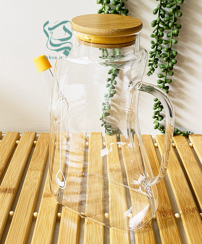 روغنریز پیرکس 1000 میل طرح کتابی با درب بامبو و واشر سیلیکونی – ظرف شفاف برای روغن، سرکه و آبلیمو