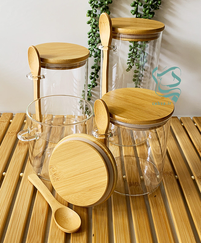 بانکه شیشهای پیرکس آنتی شوک – بامبو و قاشق پیمانه