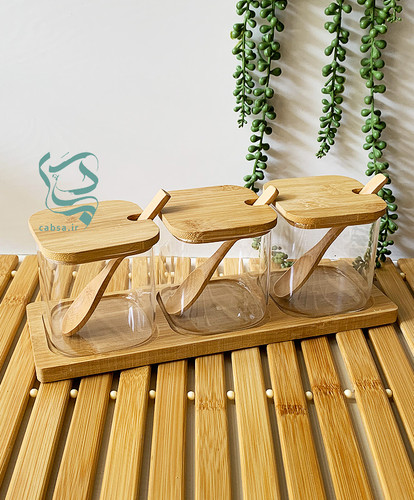 بانکه پیرکس مربع قطر ۸ سانت قاشقدار با درب بامبو – ست ۴ تایی