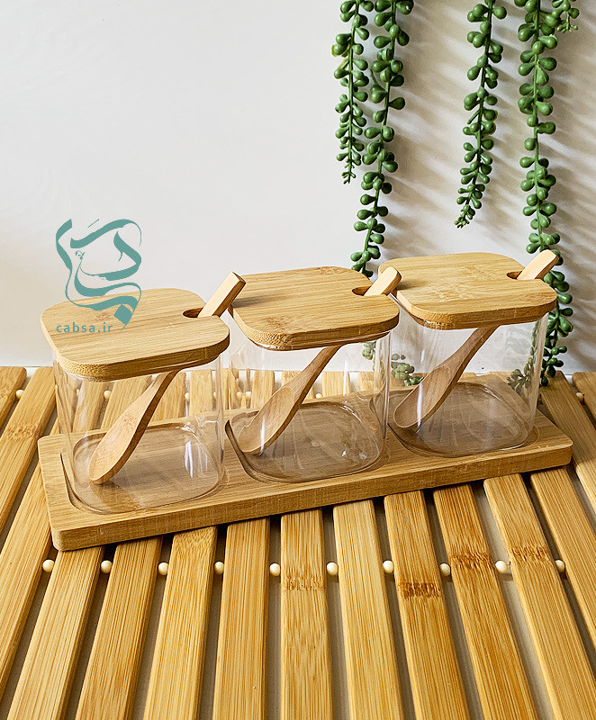بانکه پیرکس مربع قطر ۸ سانت قاشقدار با درب بامبو – ست ۴ تایی
