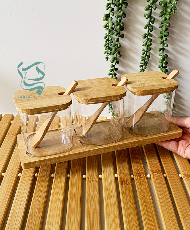 ست بانکه شیشهای پیرکس با درب و قاشق بامبو – مناسب ادویه و خشکبا