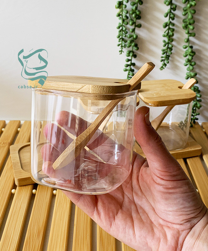 بانکه پیرکس مربعی شفاف با درب بامبو – نمای نزدیک محصول