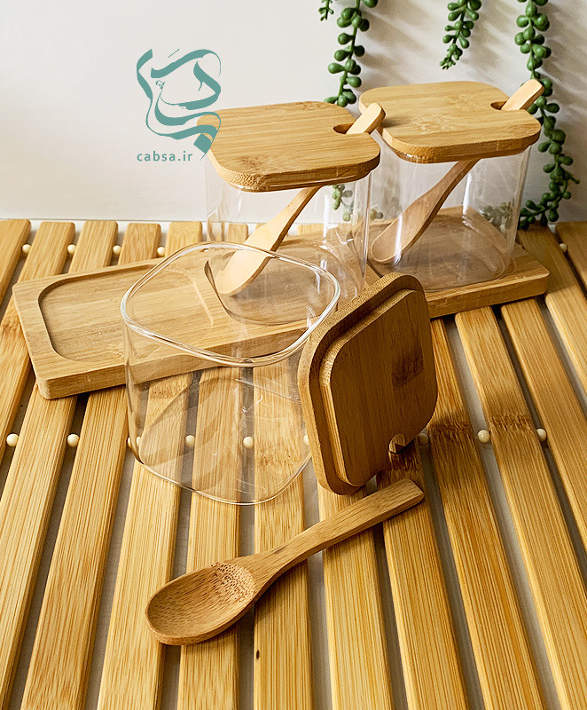 بانکه پیرکس مربعی 8×8 سانت همراه با قاشق بامبویی