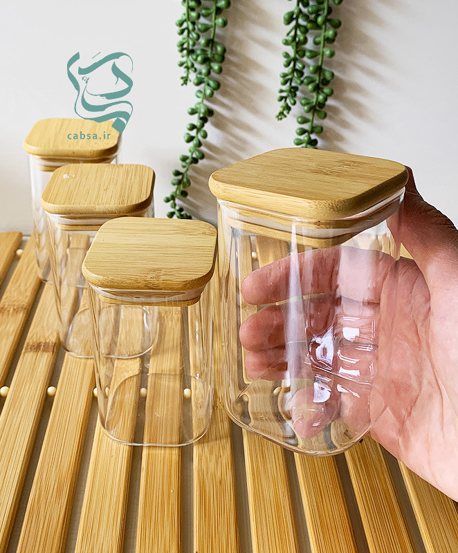 بانکه پیرکس مربع قطر ۶ سانت درب بامبو – جا ادویه شفاف