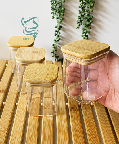 بانکه پیرکس مربع قطر ۶ سانت با درب بامبو – جا ادویه شفاف