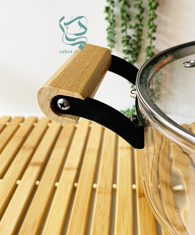 قابلمه پیرکس دربدار با دسته چوب بامبو