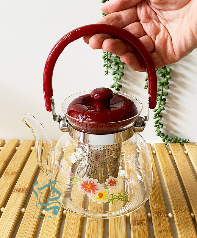 قوری شیشهای پیرکس گلدار مناسب چای و دمنوش