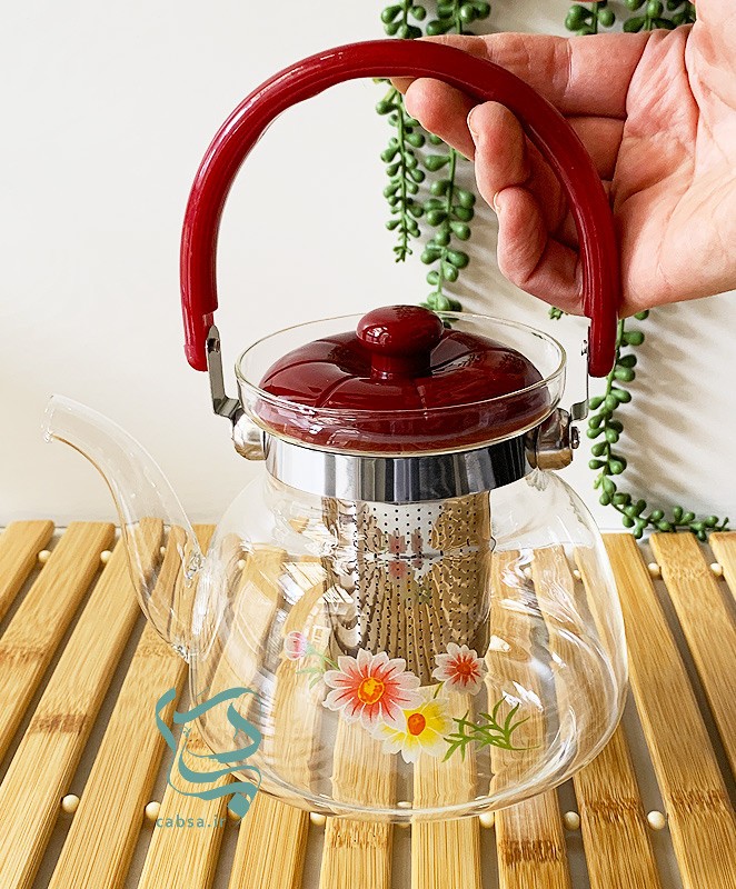 قوری شیشهای پیرکس گلدار مناسب چای و دمنوش