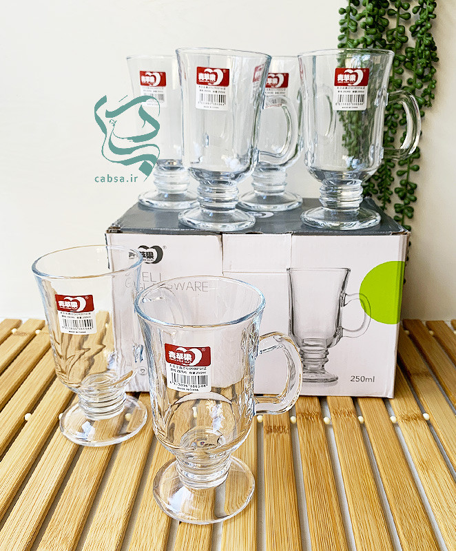 لیوان شیشهای دستهدار با پایه – پک ۶ تایی