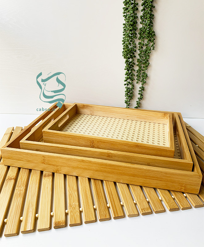 سینی بامبو بزرگ با دسته چوبی – مناسب پذیرایی
